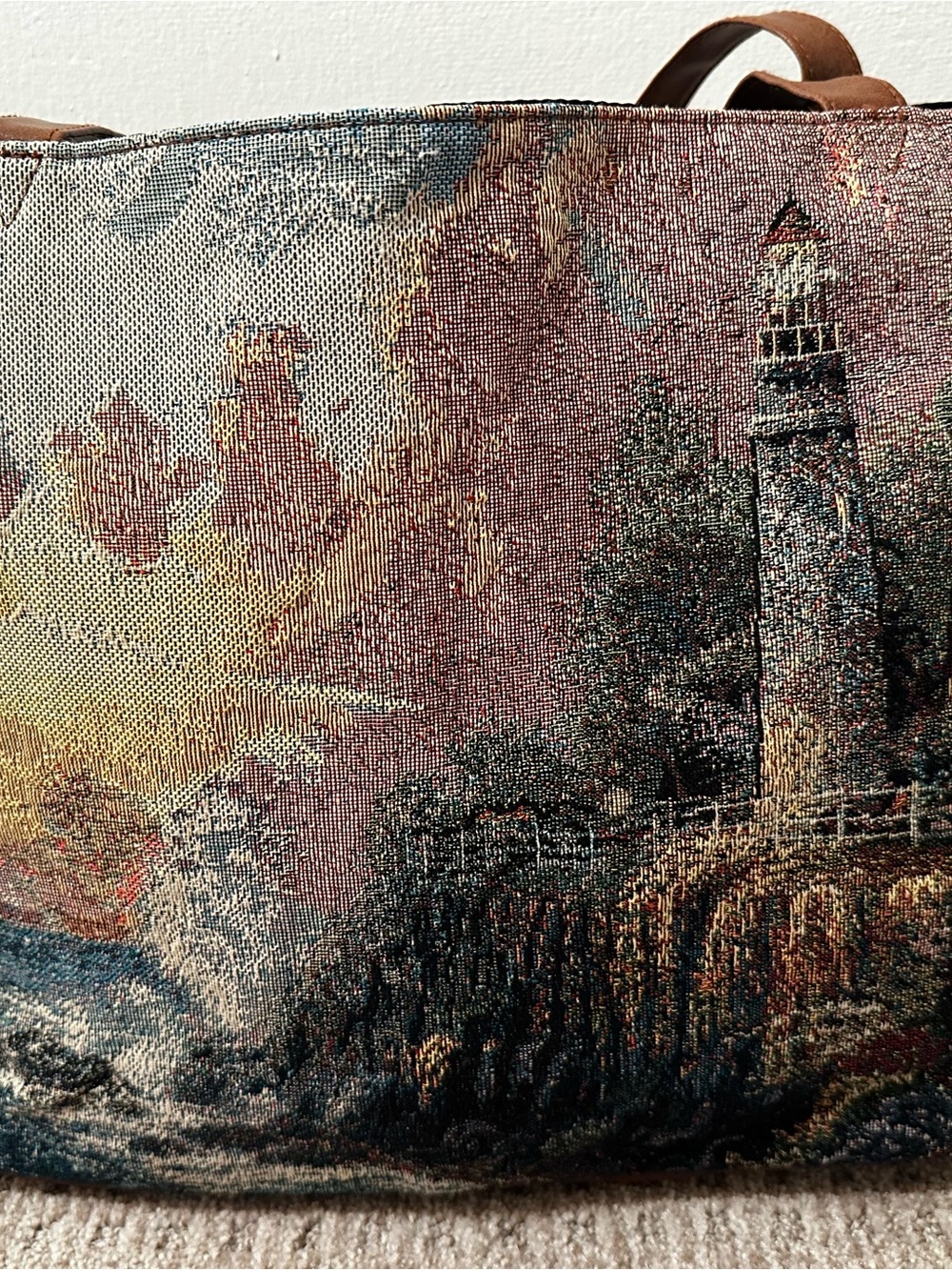 Vintage Thomas Kinkade Light of Peace Tapestry Tote Bag Cottagecore Nautical